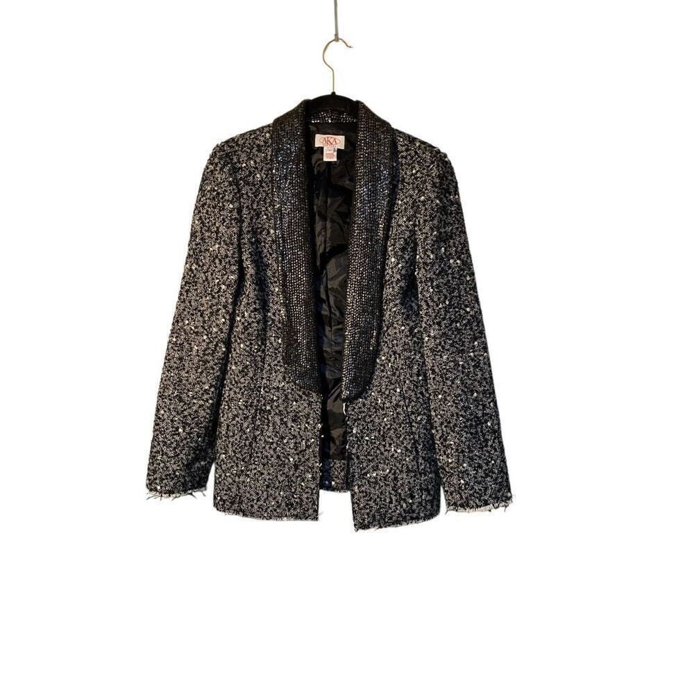 Aka New York, women’s funky, tuxedo, style metallic, trim, jacket, medium